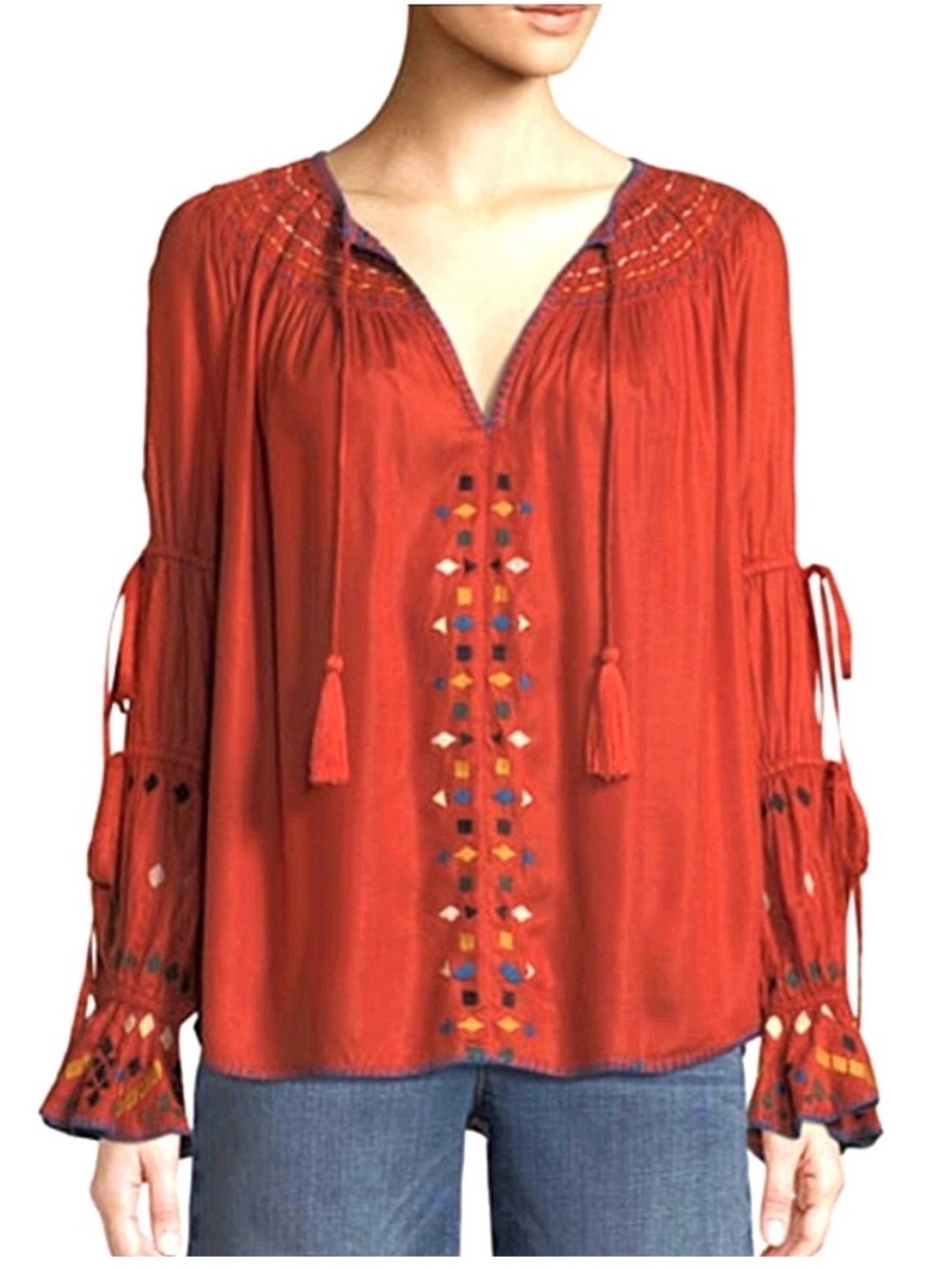 Red Carter Boho Peasant Blouse Red Tassel Embroidered Tie Sleeve Top Sz Small